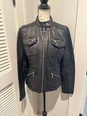 MICHAEL Michael Kors Black Leather Zip-Front Moto Jacket
